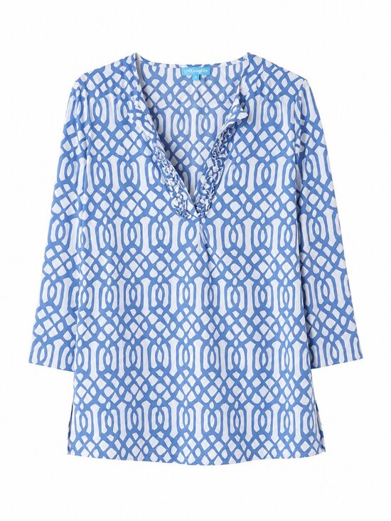 J Mclaughlin Tops - J.McLaughlin Blue White Geometric Cotton Tunic Ruffle Neck, Small